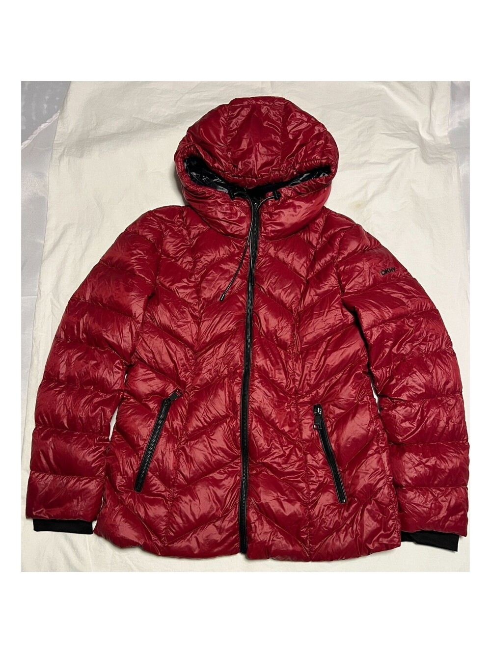 DKNY Women Mixed Media Hooded Puffer Jacket Medium